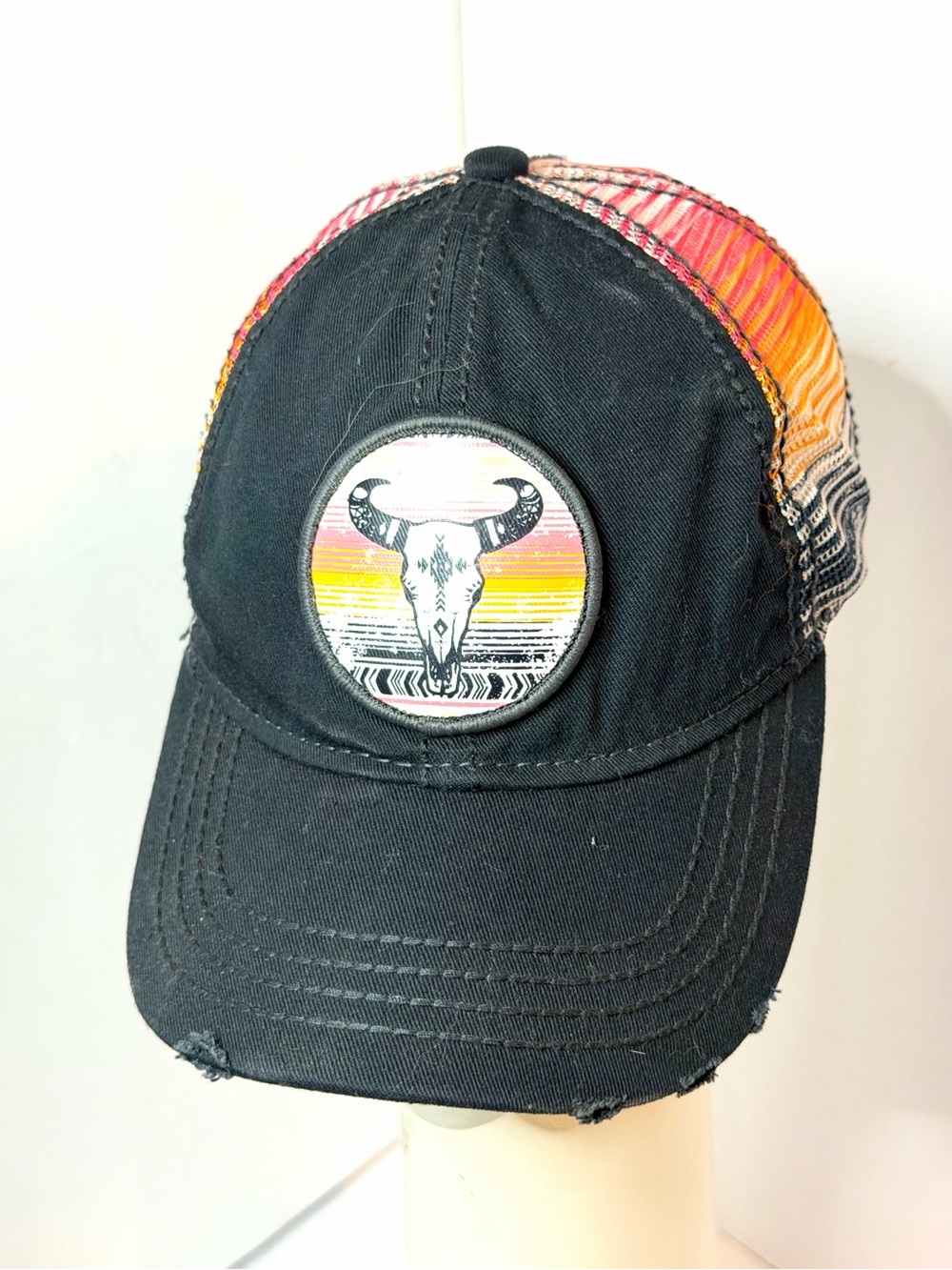 Cruel Girl Black Trucker Hat with Sunset Bull Skull Patch